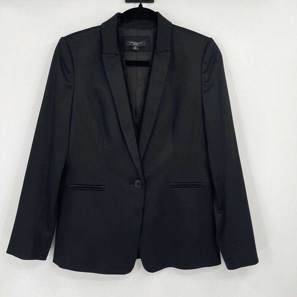 Ann Taylor Womens Jacket Size 6P Black Lace Trim Wool Blend One Button Blazer